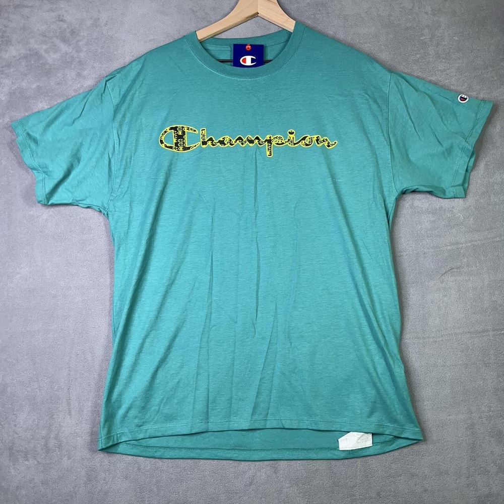 Champion Shirt Men's Large Teal Leopard Spell Out Logo Graphic T- Shirt NWT